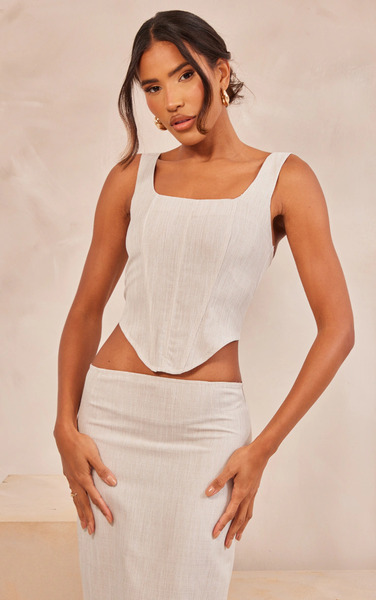  Prettylittlething Stone Linen Look Dip Front Corset 