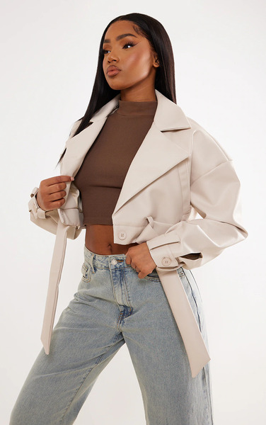  Prettylittlething Stone Oversized Belted Hem Cropped Biker Jacket 