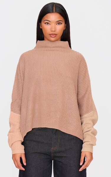  Prettylittlething Stone Oversized Colour Block Jumper 