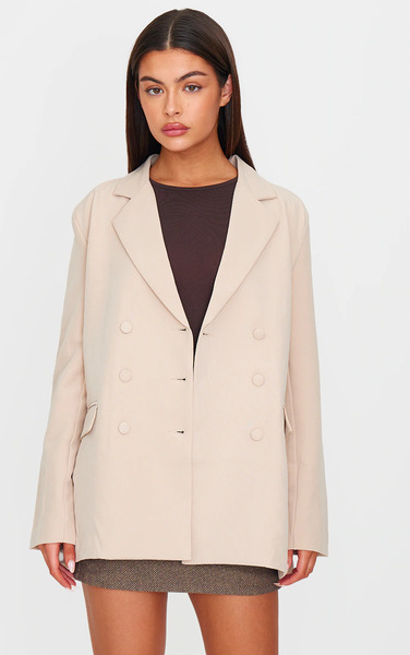  Prettylittlething Stone Oversized Double Breasted Covered Button Blazer 