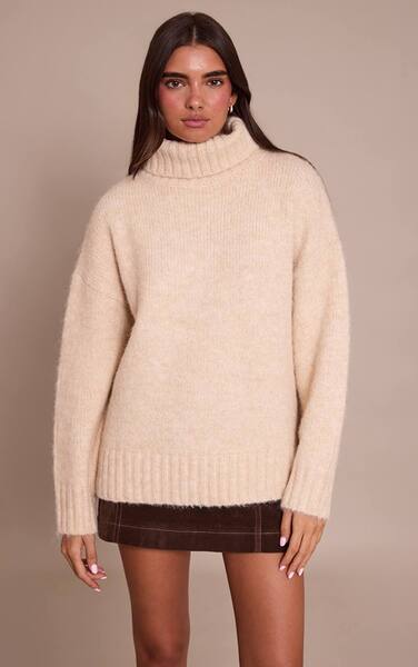  Prettylittlething Stone Roll Neck Balloon Sleeve Oversized Jumper 
