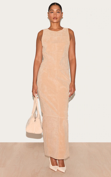  Prettylittlething Stone Structured Faux Suede Maxi Skirt 