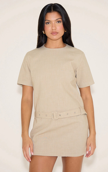  Prettylittlething Stone Woven Oversized Short Sleeve Belted Mini Dress 
