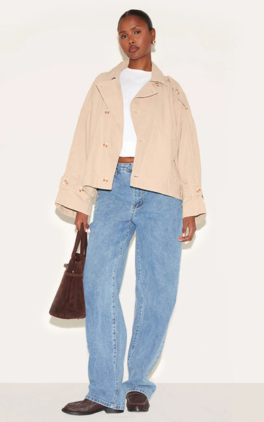  Prettylittlething Stone Wrap Over Detail Canvas Trench Coat 