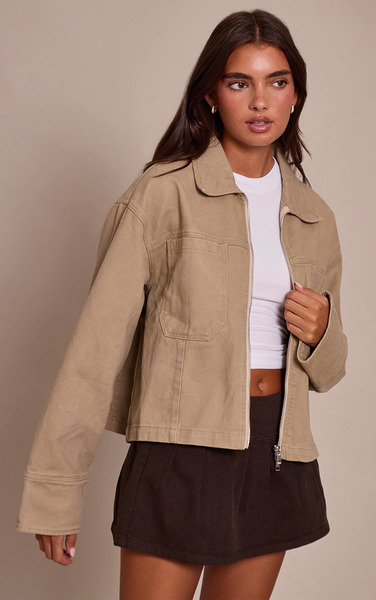  Prettylittlething Stone Zip Up Denim Jacket 