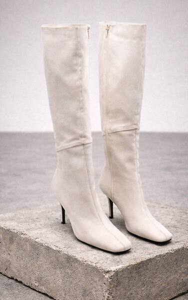  Prettylittlething Suede Heeled Knee High Boot, Stone 