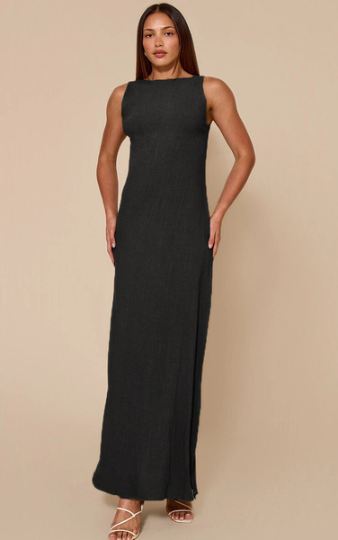  Prettylittlething Tall Black Textured Boat Neck Low Back Maxi Dress 