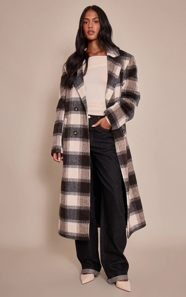  Prettylittlething Tall Checked Structured Wool Look Maxi Coat, Brown 