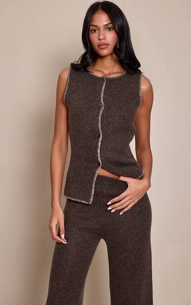  Prettylittlething Tall Chocolate Brushed Wool Knit Blanket Stitch Waistcoat 