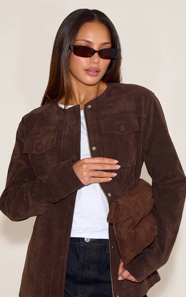 Prettylittlething Tall Chocolate Faux Suede Covered Button Cinch Waist Jacket 