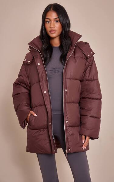  Prettylittlething Tall Chocolate Oversized Hooded Puffer Jacket 