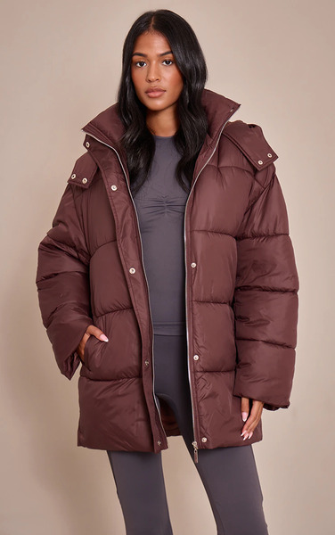  Prettylittlething Tall Chocolate Oversized Hooded Puffer Jacket 