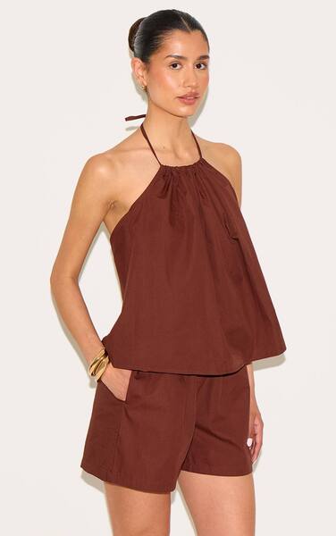  Prettylittlething Tall Chocolate Poplin Floaty Shorts Co-ord 