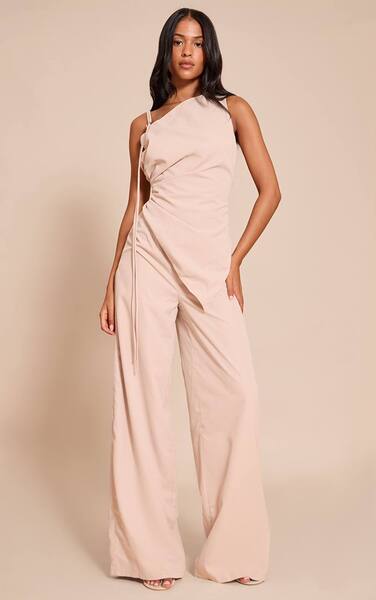  Prettylittlething Tall Cream Woven One Shoulder Wide Leg Jumpsuit 