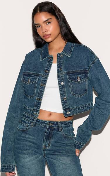  Prettylittlething Tall Dark Blue Wash Pocket Detail Cropped Denim Jacket 