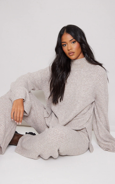  Prettylittlething Tall Light Brown Luxe Rib Knit Oversized Jumper 