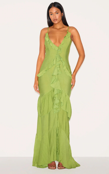  Prettylittlething Tall Olive Frill Textured Maxi Dress 