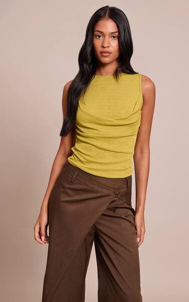  Prettylittlething Tall Olive Onion Skin Drape Vest Top 