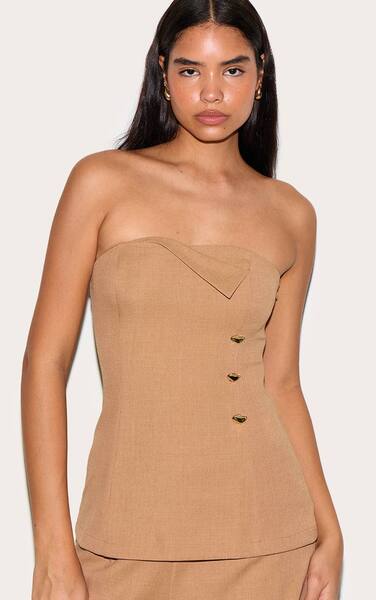  Prettylittlething Tall Sand Fold Over Detail Tailored Bandeau Top Co-ord 