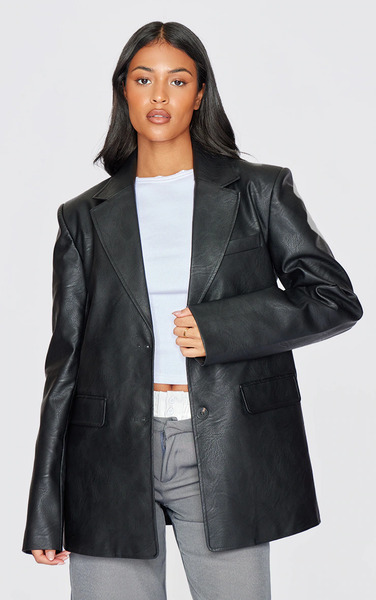  Prettylittlething Tall Washed Black Textured Faux Leather Blazer 