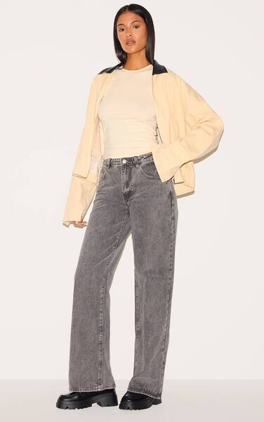  Prettylittlething Tall Washed Grey Low Rise Straight Leg Jeans 