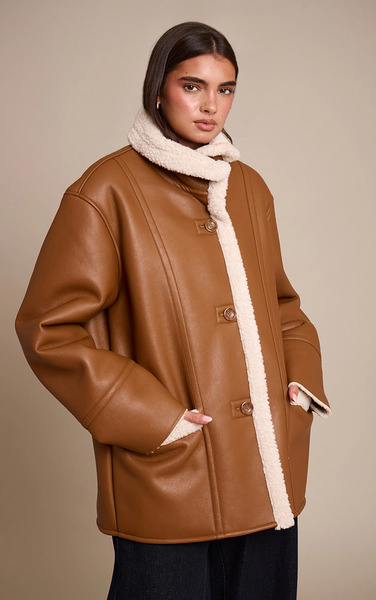  Prettylittlething Tan Faux Leather Funnel Neck Aviator Coat 