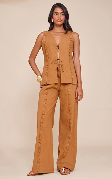  Prettylittlething Tan Linen Look Wide Leg Drawstring Trousers 
