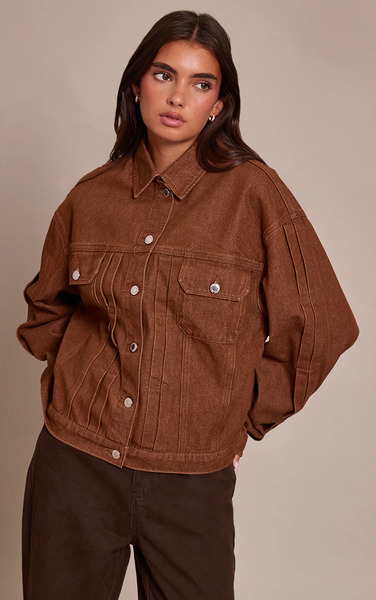  Prettylittlething Tan Pleat Detail Boxy Denim Jacket 