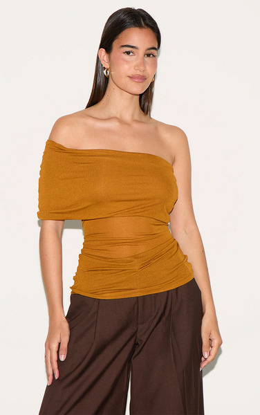 Prettylittlething Tan Sheer Soft Touch Fold Over Detail One Shoulder Long Top 