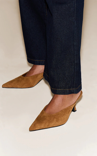  Prettylittlething Tan Suede Kitten Heeled Mule 