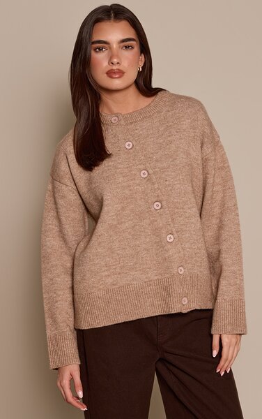 Prettylittlething Taupe Asymmetric Button Down Cardigan Sweater 