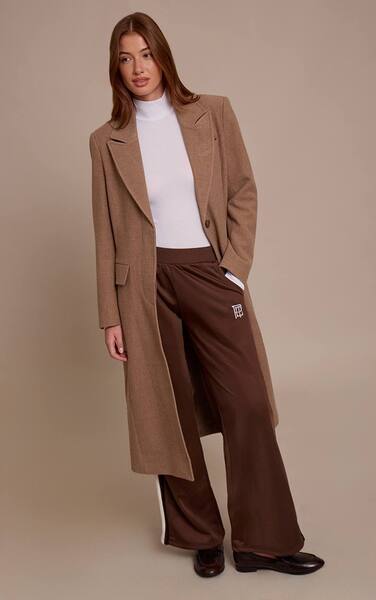  Prettylittlething Taupe Checked Single Breasted Seam Detail Wool Look Maxi Coat 