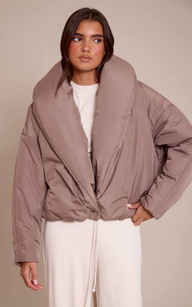  Prettylittlething Taupe Exaggerated Collar Shell Puffer Jacket 