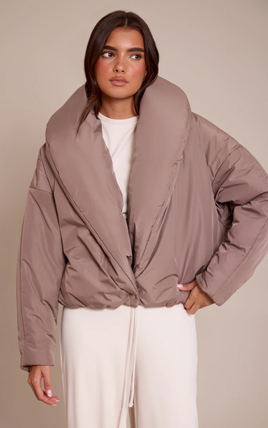  Prettylittlething Taupe Exaggerated Collar Shell Puffer Jacket 