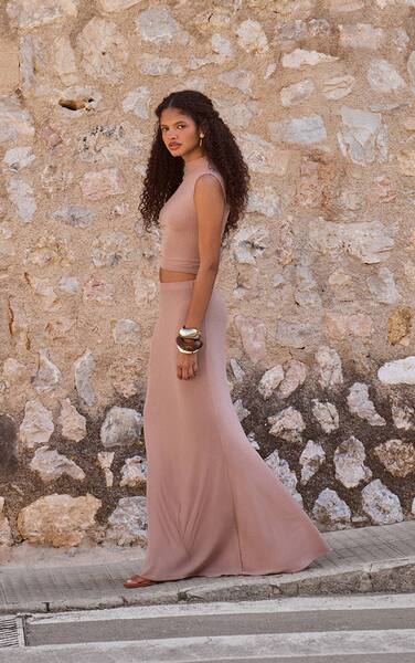  Prettylittlething Taupe Mesh Mid Rise Fishtail Maxi Skirt Co-ord 