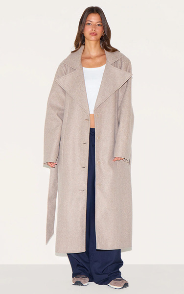  Prettylittlething Taupe Oversized Wool Look Trench Coat 
