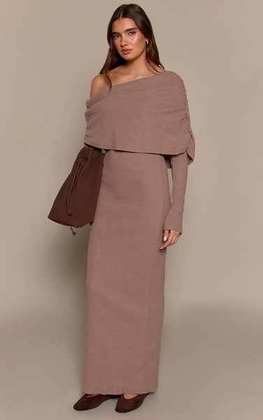  Prettylittlething Taupe Ribbed Bardot Oversized Fold Over Maxi Dress 