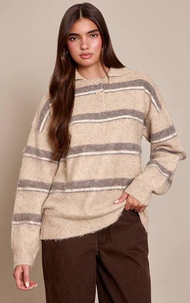  Prettylittlething Taupe Striped Brushed Knit Oversized Rugby Style Jumper 