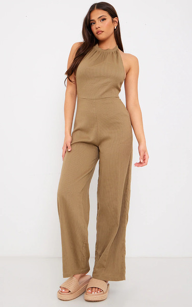  Prettylittlething Taupe Textured Halterneck Low Back Jumpsuit 
