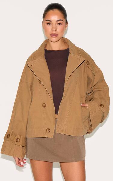  Prettylittlething Taupe Wrap Over Detail Canvas Trench Coat 