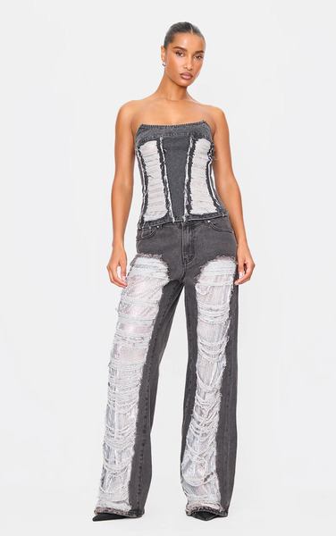  Prettylittlething Washed Black Extreme Distressed Sequin Panel Straight Leg Jeans 