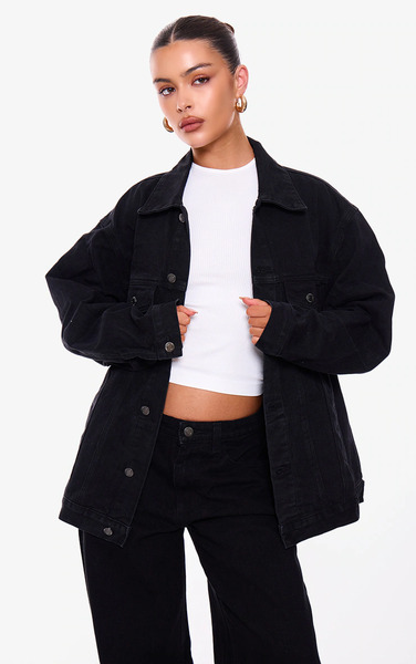  Prettylittlething Prettylittlething Washed Black Oversized Boyfriend Denim Jacket 