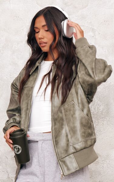  Prettylittlething Washed Green Distressed Faux Leather Oversized Longline Bomber Jacket 