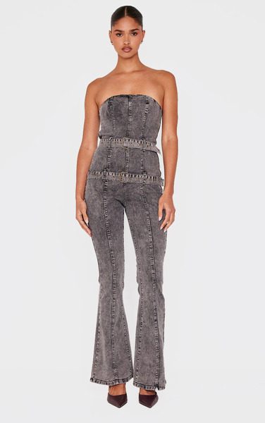  Prettylittlething Washed Grey Buckle Detail Straight Leg Denim Jumpsuit 