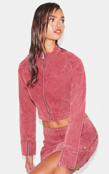  Prettylittlething Washed Red Racer Neck Cropped Denim Jacket 
