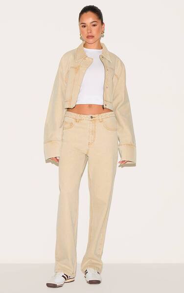  Prettylittlething Washed Stone Mid Rise Straight Leg Jeans 