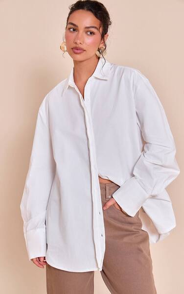  Prettylittlething White Cotton Oversized Cuff Shirt 