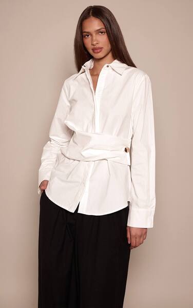  Prettylittlething White Cotton Trim Drape Detail Oversized Shirt 