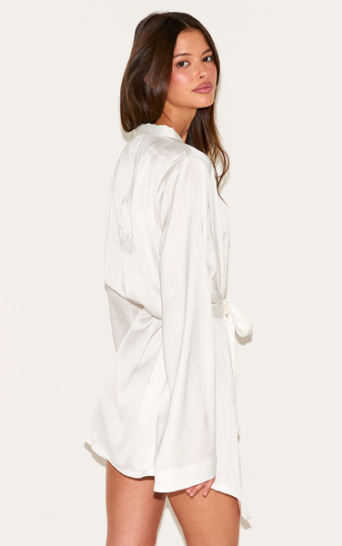 Prettylittlething White Embroidered Bride Satin Robe 