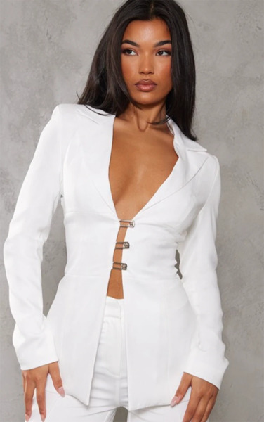  Prettylittlething White Fitted Lace Up Back Blazer 